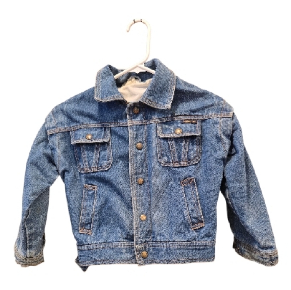 London Fog Kids Vtg Long Sleeve Snap Front Blue Denim Jacket Lined "Turbo"